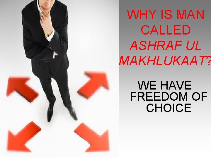 WHY IS MAN CALLED ASHRAF UL MAKHLUKAAT? WE HAVE FREEDOM OF CHOICE 