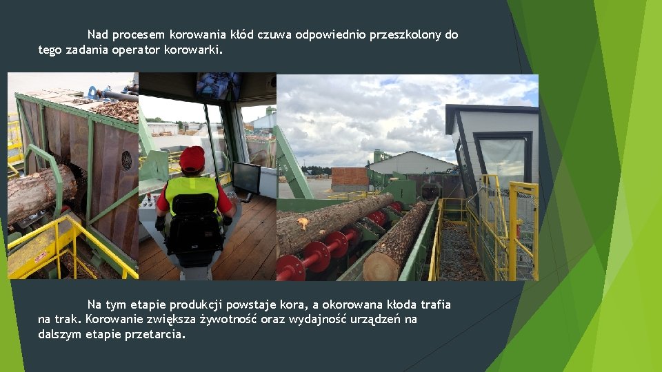 Nad procesem korowania kłód czuwa odpowiednio przeszkolony do tego zadania operator korowarki. Na tym