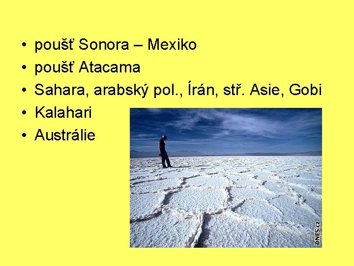  • • • poušť Sonora – Mexiko poušť Atacama Sahara, arabský pol. ,