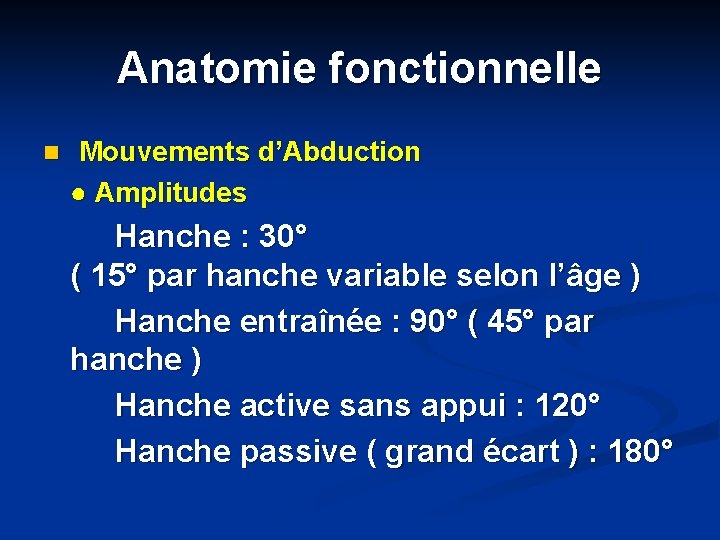 Anatomie fonctionnelle n Mouvements d’Abduction ● Amplitudes Hanche : 30° ( 15° par hanche