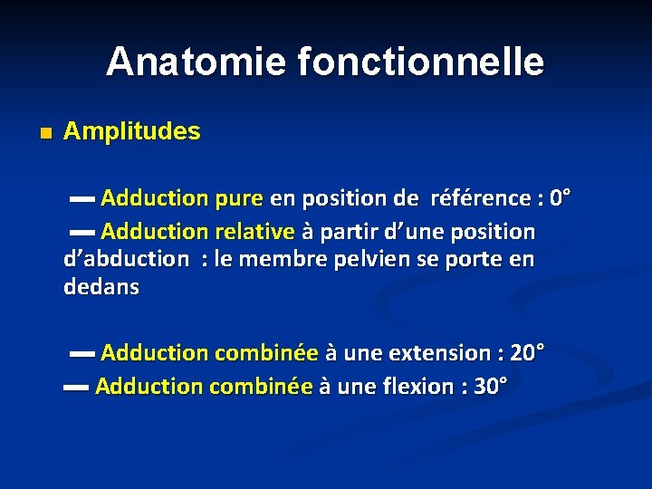 Anatomie fonctionnelle n Amplitudes ▬ Adduction pure en position de référence : 0° ▬