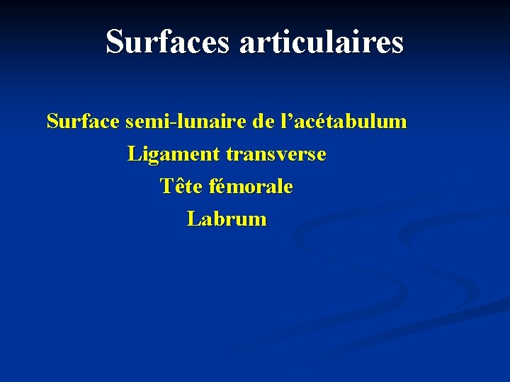 Surfaces articulaires Surface semi-lunaire de l’acétabulum Ligament transverse Tête fémorale Labrum 