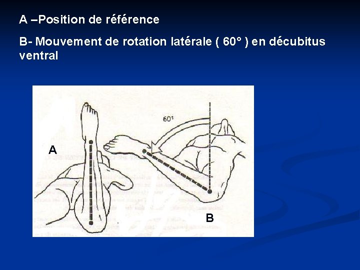 A –Position de référence B- Mouvement de rotation latérale ( 60° ) en décubitus