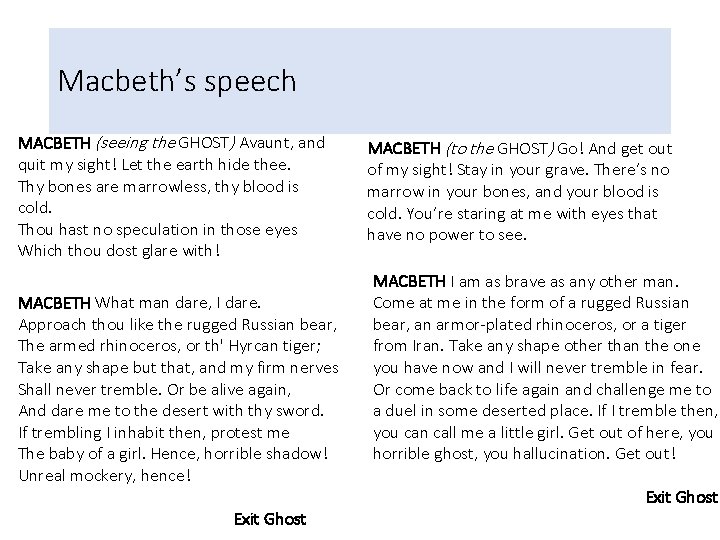 Macbeth’s speech MACBETH (seeing the GHOST) Avaunt, and quit my sight! Let the earth