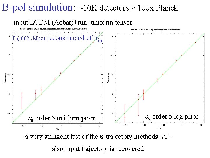 B-pol simulation: ~10 K detectors > 100 x Planck input LCDM (Acbar)+run+uniform tensor r