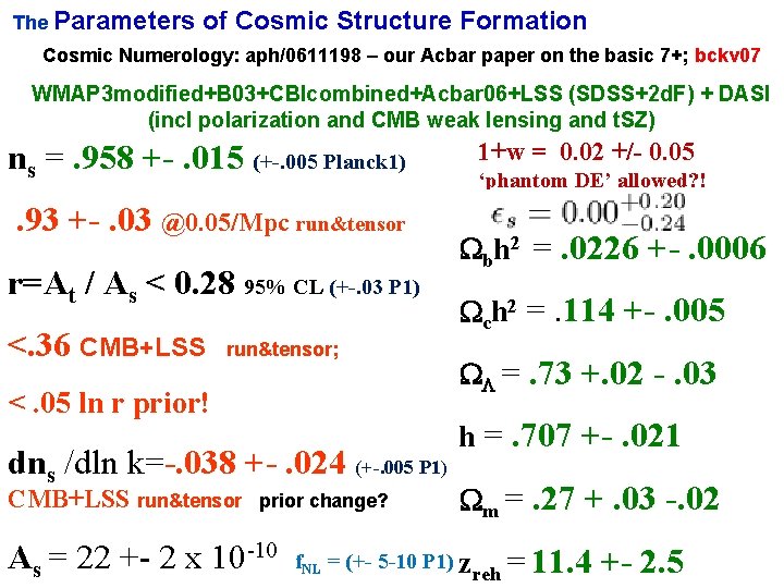 The Parameters of Cosmic Structure Formation Cosmic Numerology: aph/0611198 – our Acbar paper on