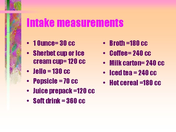 Intake measurements • 1 0 unce= 30 cc • Sherbet cup or Ice cream