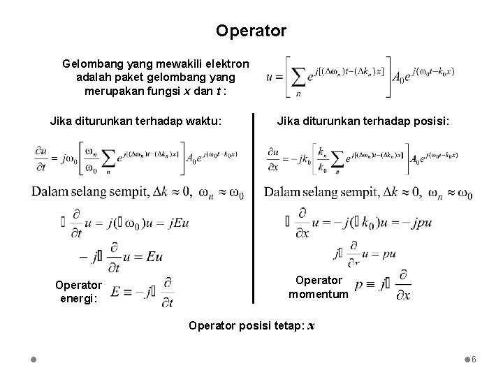 Operator Gelombang yang mewakili elektron adalah paket gelombang yang merupakan fungsi x dan t