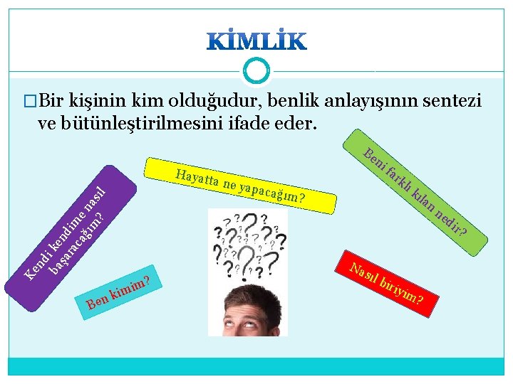 �Bir kişinin kim olduğudur, benlik anlayışının sentezi ve bütünleştirilmesini ifade eder. Be Ke nd