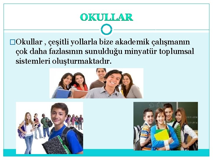 �Okullar , çeşitli yollarla bize akademik çalışmanın çok daha fazlasının sunulduğu minyatür toplumsal sistemleri