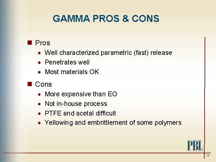 GAMMA PROS & CONS n Pros · Well characterized parametric (fast) release · Penetrates