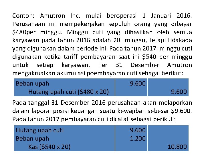 Contoh: Amutron Inc. mulai beroperasi 1 Januari 2016. Perusahaan ini mempekerjakan sepuluh orang yang