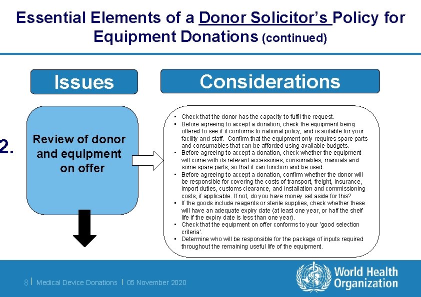 2. Essential Elements of a Donor Solicitor’s Policy for Equipment Donations (continued) Considerations Issues