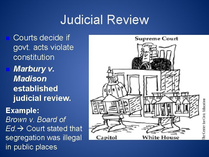 Judicial Review n n Courts decide if govt. acts violate constitution Marbury v. Madison