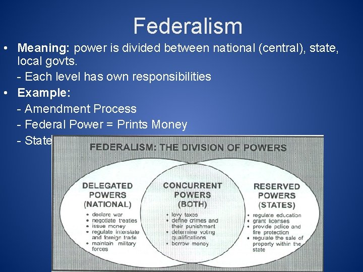 Federalism • Meaning: power is divided between national (central), state, local govts. - Each