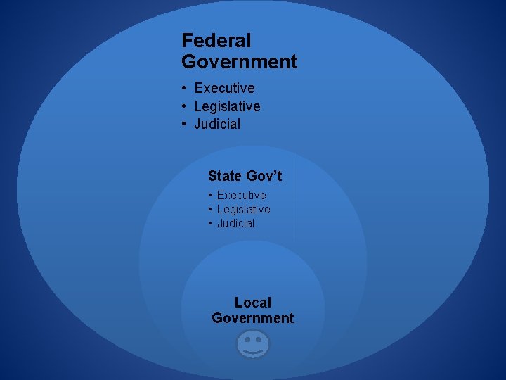 Federal Government • Executive • Legislative • Judicial State Gov’t • Executive • Legislative