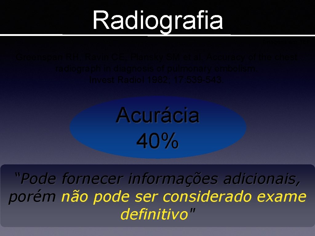 Radiografia Imagens em TEP Greenspan RH, Ravin CE, Plansky SM et al. Accuracy of