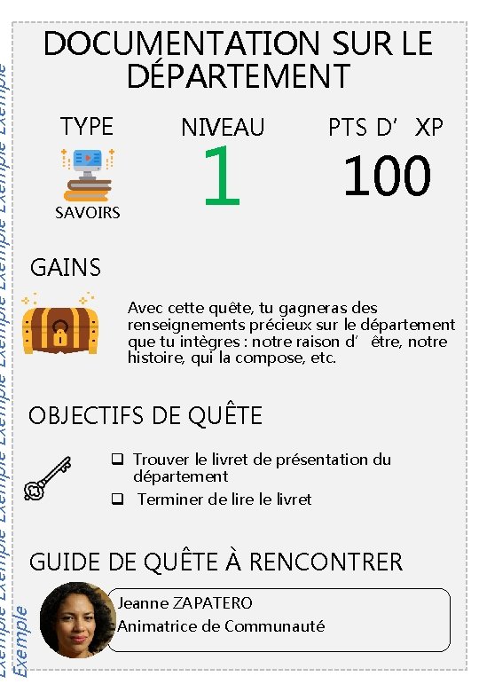 Exemple Exemple Exemple DOCUMENTATION SUR LE DÉPARTEMENT TYPE NIVEAU SAVOIRS 1 PTS D’XP 100