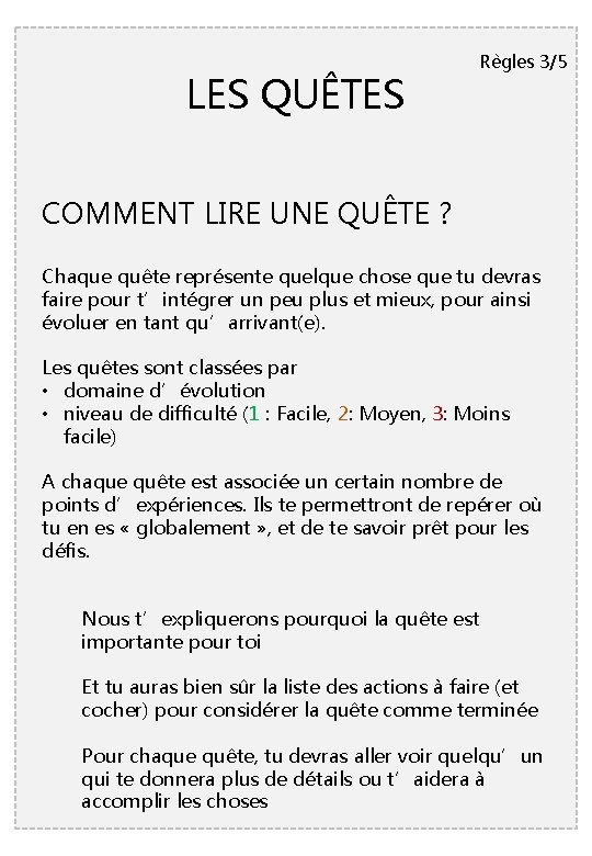 LES QUÊTES Règles 3/5 COMMENT LIRE UNE QUÊTE ? Chaque quête représente quelque chose