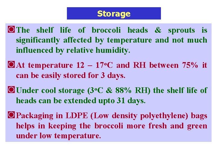 Storage ◙ The shelf life of broccoli heads & sprouts is significantly affected by