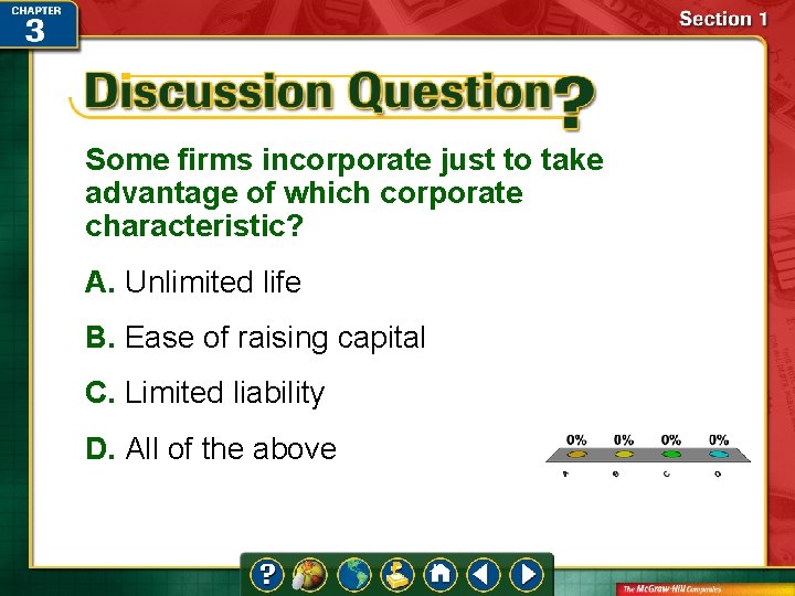 Some firms incorporate just to take advantage of which corporate characteristic? A. Unlimited life