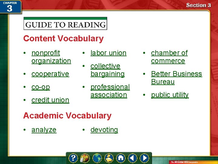 Content Vocabulary • nonprofit organization • cooperative • co-op • credit union • labor