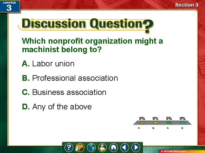 Which nonprofit organization might a machinist belong to? A. Labor union B. Professional association