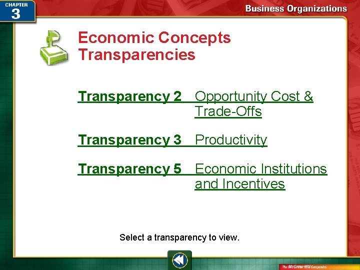 Economic Concepts Transparencies Transparency 2 Opportunity Cost & Trade-Offs Transparency 3 Productivity Transparency 5