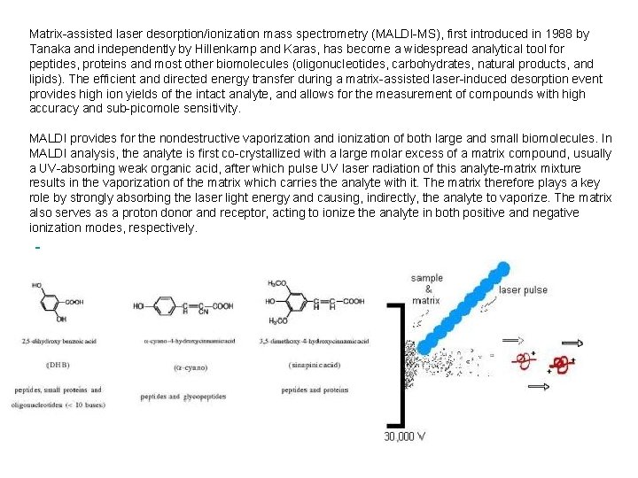 Matrix-assisted laser desorption/ionization mass spectrometry (MALDI-MS), first introduced in 1988 by Tanaka and independently