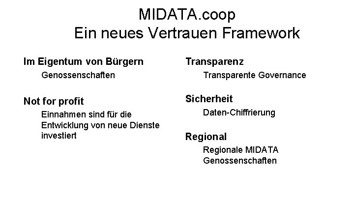 MIDATA. coop Ein neues Vertrauen Framework Im Eigentum von Bürgern Genossenschaften Not for profit