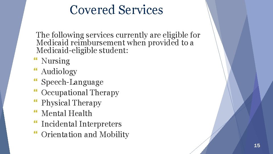 Covered Services The following services currently are eligible for Medicaid reimbursement when provided to