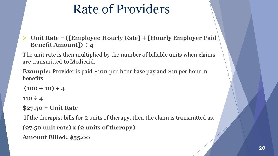 Rate of Providers Ø Unit Rate = ([Employee Hourly Rate] + [Hourly Employer Paid