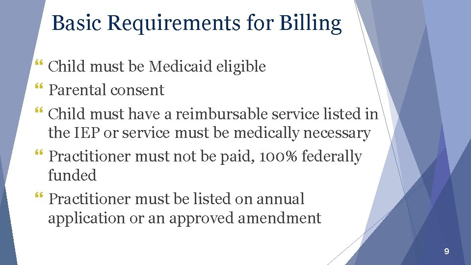 Basic Requirements for Billing } Child must be Medicaid eligible } Parental consent }