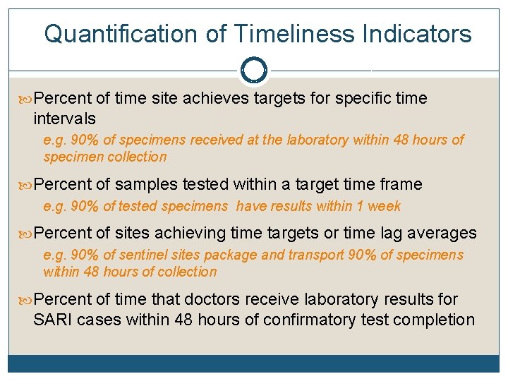 Quantification of Timeliness Indicators Percent of time site achieves targets for specific time intervals