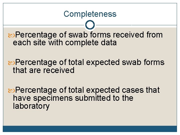 Completeness Percentage of swab forms received from each site with complete data Percentage of