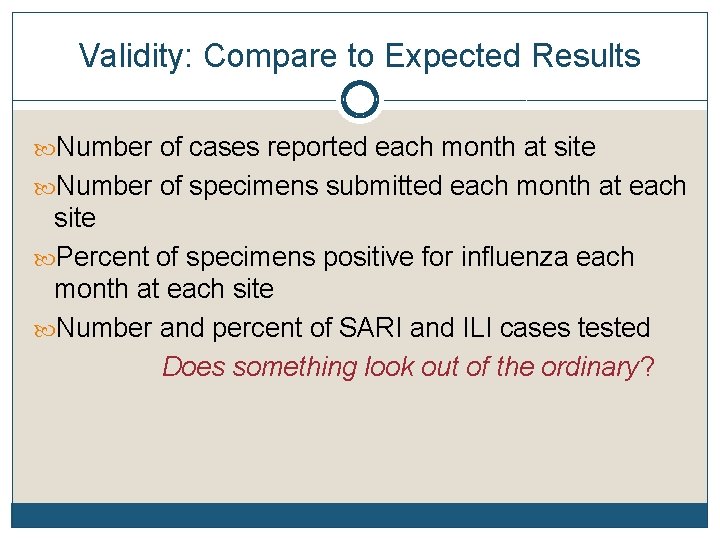 Validity: Compare to Expected Results Number of cases reported each month at site Number