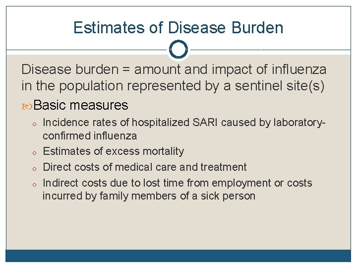 Estimates of Disease Burden Disease burden = amount and impact of influenza in the