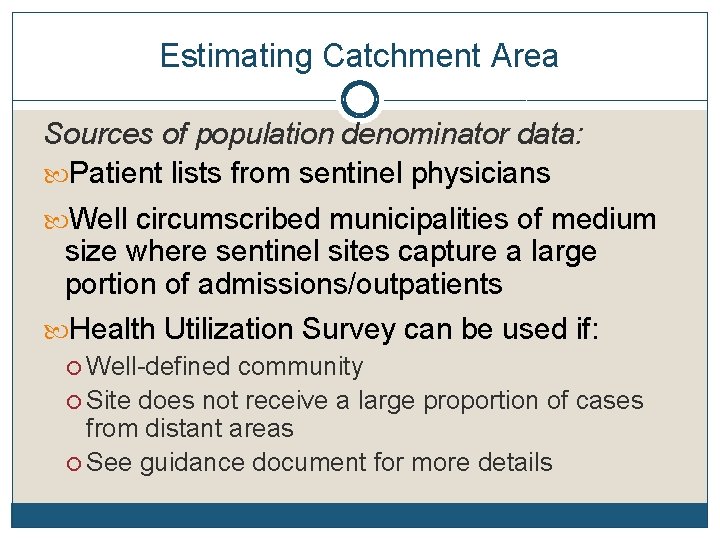 Estimating Catchment Area Sources of population denominator data: Patient lists from sentinel physicians Well
