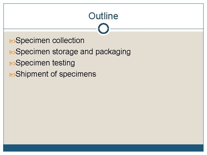 Outline Specimen collection Specimen storage and packaging Specimen testing Shipment of specimens 