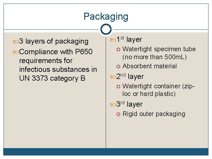 Packaging 3 layers of packaging Compliance with P 650 requirements for infectious substances in