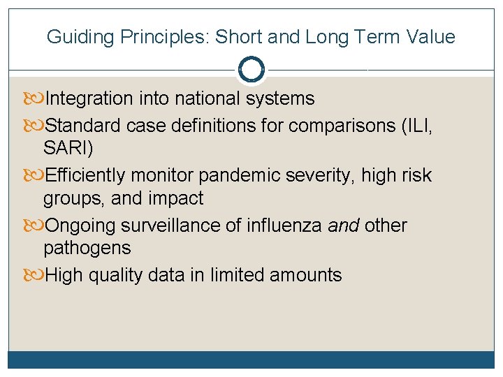 Guiding Principles: Short and Long Term Value Integration into national systems Standard case definitions