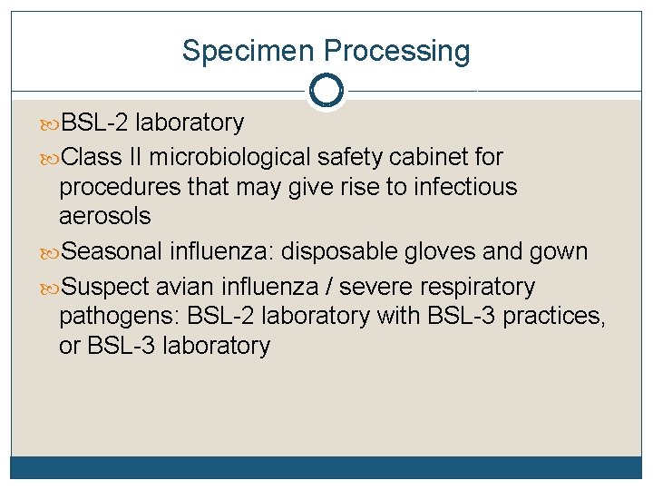 Specimen Processing BSL-2 laboratory Class II microbiological safety cabinet for procedures that may give