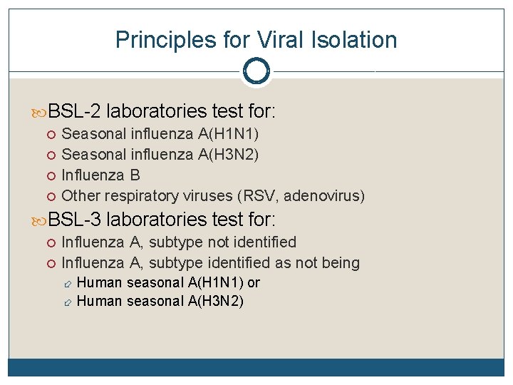 Principles for Viral Isolation BSL-2 laboratories test for: Seasonal influenza A(H 1 N 1)