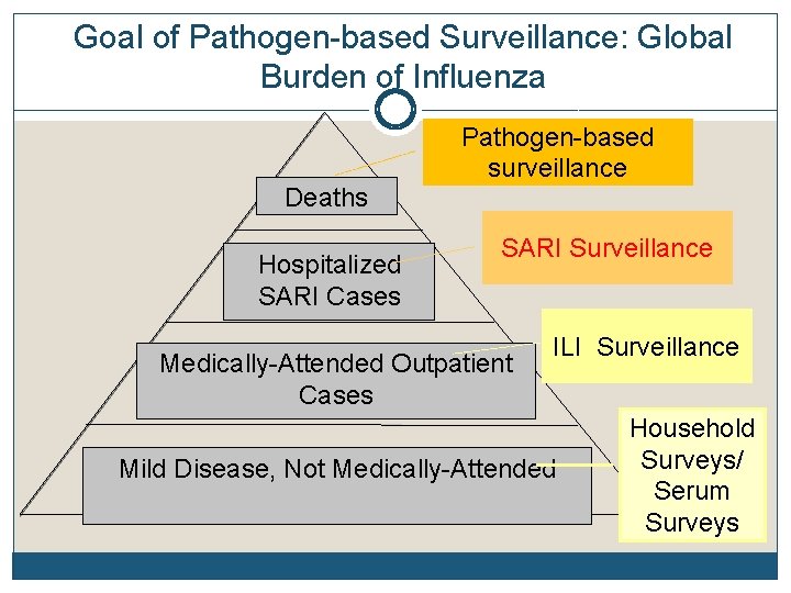 Goal of Pathogen-based Surveillance: Global Burden of Influenza Deaths Hospitalized SARI Cases Pathogen-based surveillance