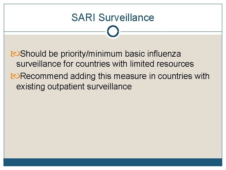 SARI Surveillance Should be priority/minimum basic influenza surveillance for countries with limited resources Recommend