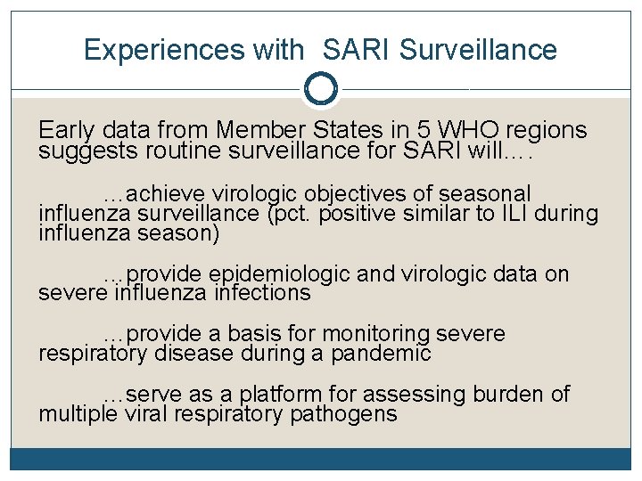 Experiences with SARI Surveillance Early data from Member States in 5 WHO regions suggests
