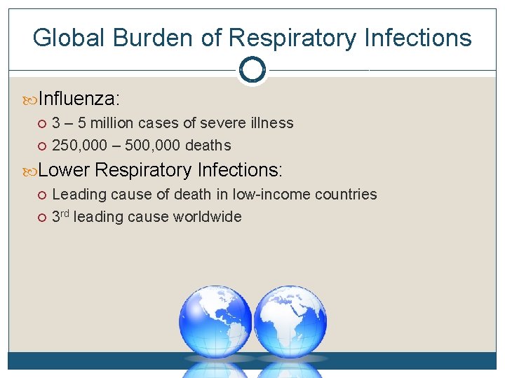 Global Burden of Respiratory Infections Influenza: 3 – 5 million cases of severe illness