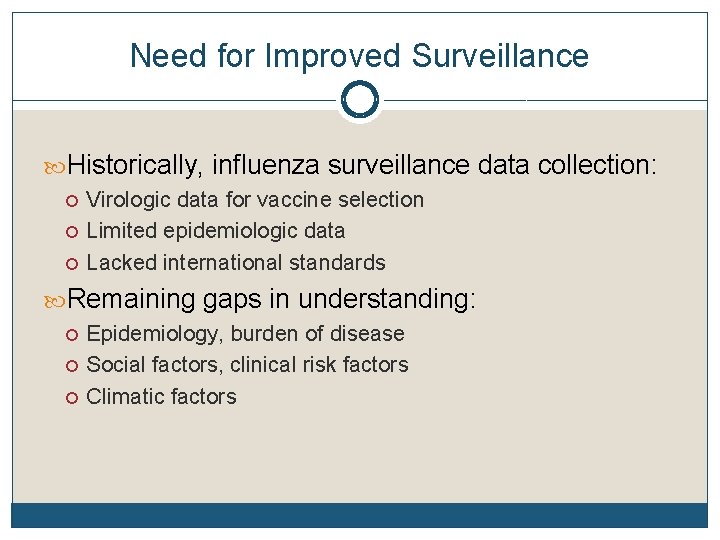 Need for Improved Surveillance Historically, influenza surveillance data collection: Virologic data for vaccine selection