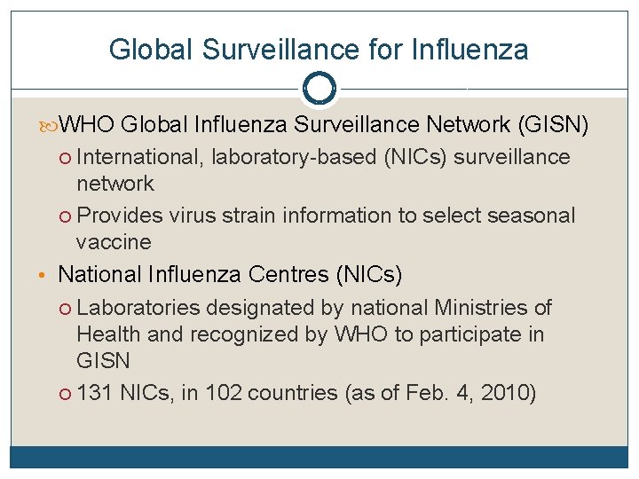 Global Surveillance for Influenza WHO Global Influenza Surveillance Network (GISN) International, laboratory-based (NICs) surveillance