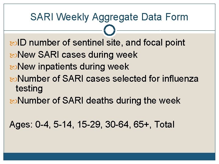 SARI Weekly Aggregate Data Form ID number of sentinel site, and focal point New